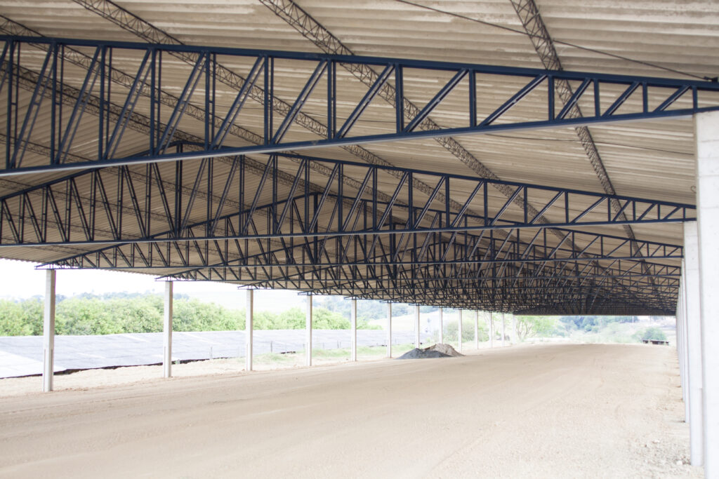 galpão de granja com treliça metálica e telha fibro cimento